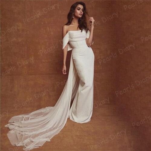 2021 White Pearls Evening Dresses With Long Train Dubai Muslim Prom Dresses Formal Party Dress Arabic Second Reception Gowns