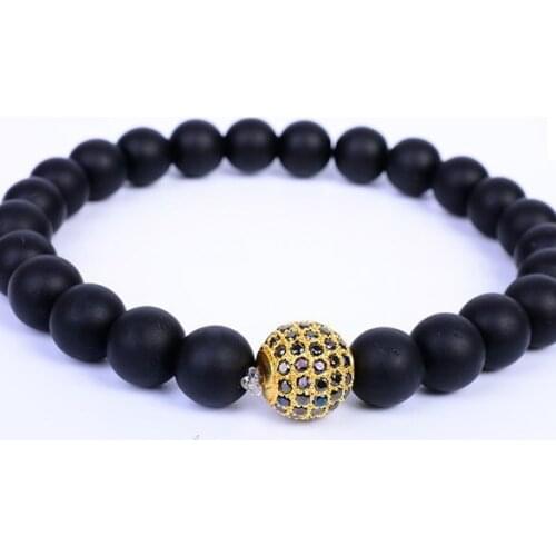 8mm hrg3 gold silver ball Frosted agate Onyx nature black stone a micro pave cz zircon cubic zirconia Bracelet Reiki Chakra