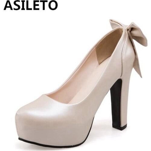 ASILETO 2021 Ladies Bowtie Pumps Princess Wedding Platforms Slip On Candy Color Party Block Heel White Beige Pink Blue A4515