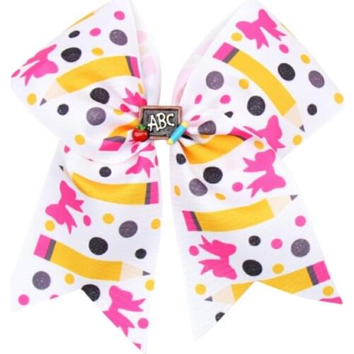 Ncmama BACK TO SCHOOL 7 Inch Pencil Print Cheer Bows for Girls Hair Bow with Clips Cartoon Floral Bowknot Hairpins Kids Headwear
