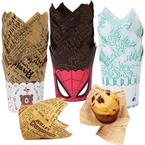 50pcs Newspaper Style Greaseproof Cake Paper Tray Tulip Muffin Cupcake Cups Liner For Wedding Birthday Party Decor Baking Tools