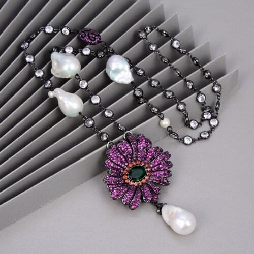 28'' Natural White Keshi Pearl Chain Pave Gunmetal Color Plated Sweater Chain Necklace Cz Pave Flower