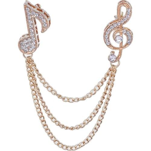 Unisex Men Women Rhinestone Musical Note Chain Tassel Brooch Pin Suit Boutonniere Collar Lapel Enamel Badge Shawl Jewelry