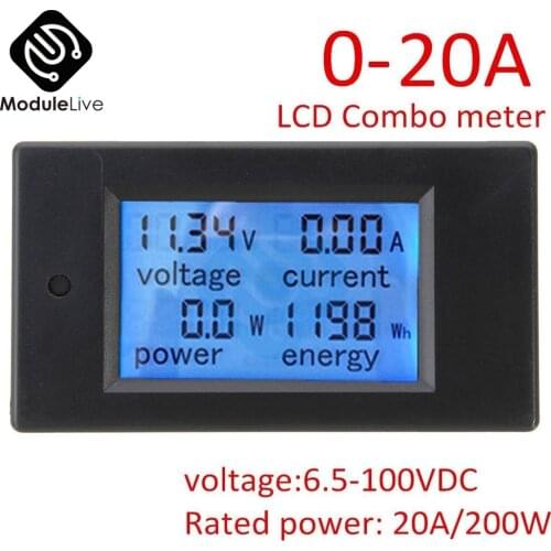 DC 6.5~100V 0~20A 4 in 1 Digital LCD Voltage Current Power Energy Meter Large LCD Screen DC Volt Tester Voltmeter Ammeter