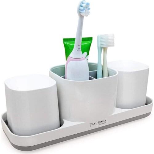 Toothbrush Holder for Bathroom White, 3 Toothbrush Slots and 2 Bathroom Cups, Bathroom Accessories for Family, Kids