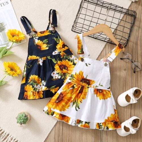Breathable Summer Little Girls Dress, Children Sunflower Printing Lace Hem Front Pocket Sleeveless Suspender Princess Skirt