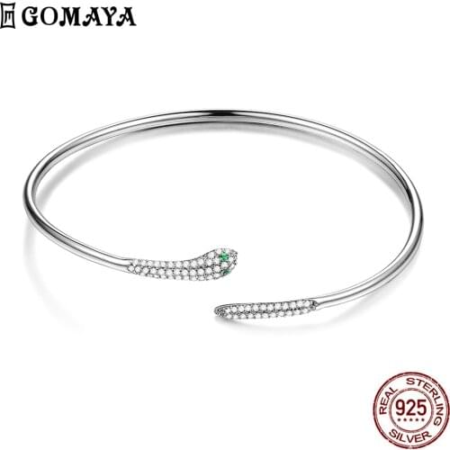 GOMAYA 925 Sterling Silver Bangles For Women Rattle Snake Shape Green Eye Inlay Zircon Bangle Cute Animal Party Fine Jewelry