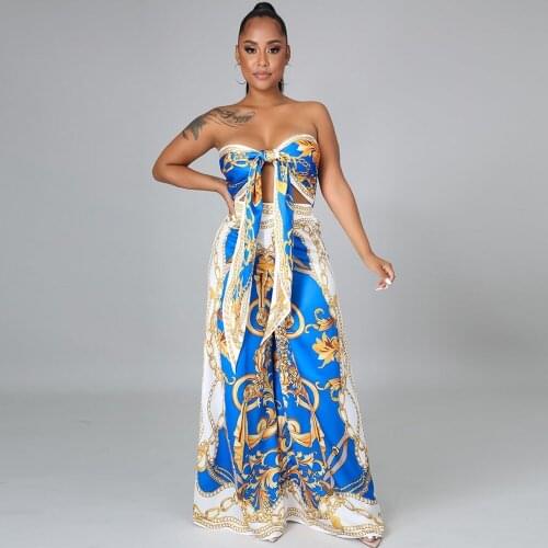 Summer Women Print Sexy 2 Piece Sets Sleeveless Camisole Backless Strap Tops Fashion Clothing Set Fall Slit Wide Leg Pants Suits