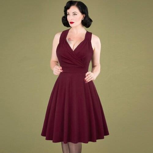 Missjoy Womens Swing Dress Solid Color Sleeveless V-Neck Ruched Cocktail Elegant Fashion Knee-length Flared A-Line Party Dress