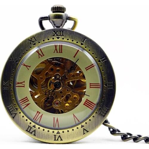 Fashion Men Vintage Hand Wind Pocket Watch Antique Cool Mechanical Pocket Watch With Chain Necklace