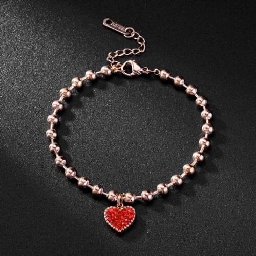 316L Stainless Steel Fashion Fine Jewelry Beaded Red Zircon Couple Love Heart Charms Chain Bracelet For Women Friends Gift