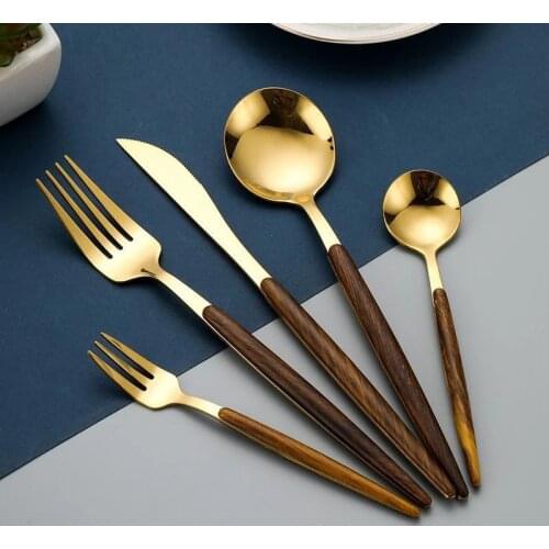 5pcs Dinnerware Steel Cutlery Set Wooden Tableware Stainless Steel Knife Spoon and Fork Silverware Flatware Set Dropshipp