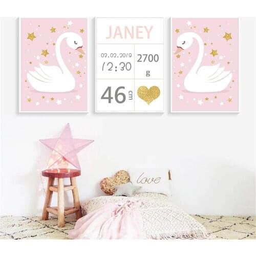 Swan Wall Art Poster Gold Stars Heart Art Print Custom Name Birth Canvas Painting Nordic Wall Pictures For Baby Girls Room Decor