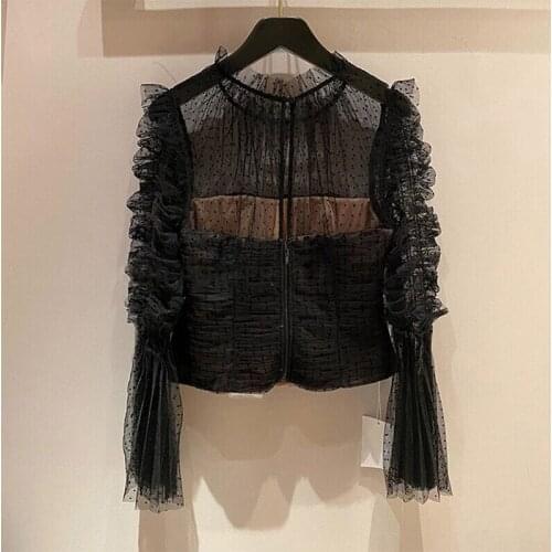 2021 Spring New Mesh Trumpet Sleeve Sexy See-Through Sexy Black Shirt Waist Blouse for Women Top Clothing Brand Design