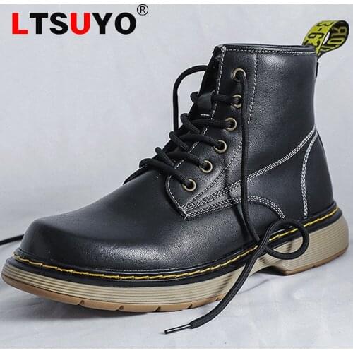 Autumn and winter mens Martin boots, fashionable high-end first layer cowhide high-top middle-bang low-top tooling shoes
