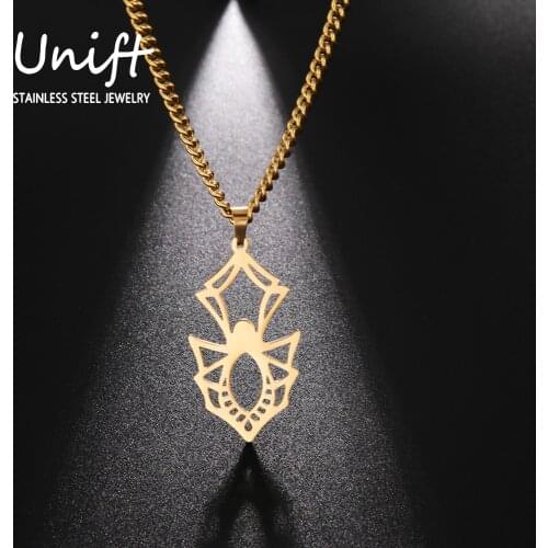 Unift Gothic Spider Necklace for Women Men Halloween Pendants Stainless Steel Long Chain Hip Pop Punk Jewelry Friend Gift Witch