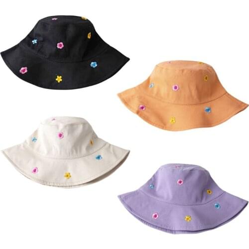 Women Summer Cotton Bucket Hat Colorful Floral Embroidery Foldable Fisherman Cap F3MD