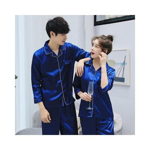 New Style Long-Sleeved Couples Pajamas Home Faxu Silk Smooth Pyjamas Casual Solid Color Suit Multi-Color Suit Sleepwear