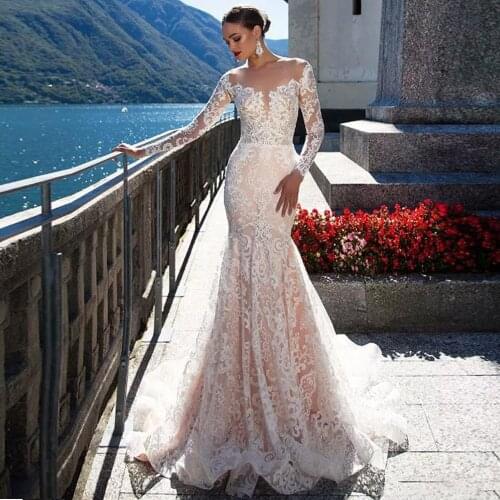 Mermaid Wedding Dresses Long Sleeves Button Back Tulle Appliques Sheer Lace Beach Wedding Bridal Gowns sexy robe de soirée de ma