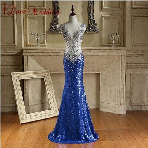 Sexy Royal Blue Long Sequin Evening Dresses Open Back V Neckline Luxury Crystal beaded Evening Gowns Floor Length Real Sample