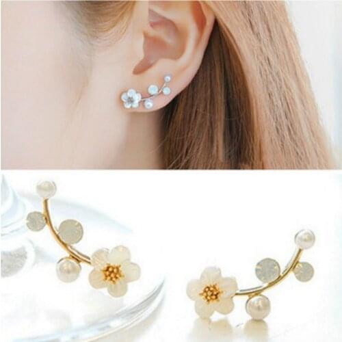 New Fashion Crystal Earrings for Women Branch Shell Imitation Pearl Flower Stud Earrings Female Jewelry Brincos Mujer Gifts