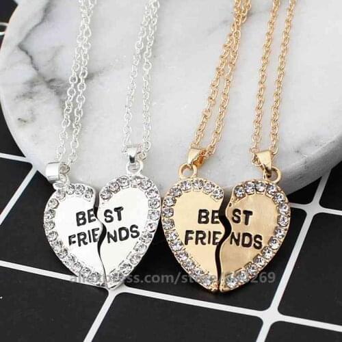 Stylish Jewelry Unisex 2 Pcs Bff Necklace Best Friend Mens Womens Heart Pendant Necklace Couple Harf Kolye Gold color Chain