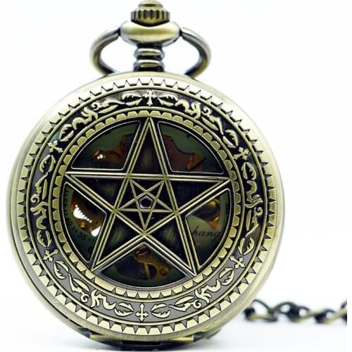 Vintage Bronze Necklace Skeleton Mechanical Pocket Watch Five-pointed Stars Lucky Star Wall Charts PJX1264