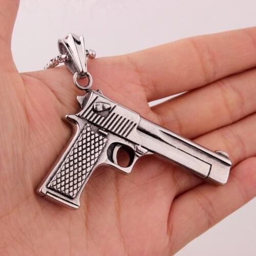 High Quality Mens Jewelry Infinity Silver Color 316L Stainless Steel Mechanic HandGun Pendant Chain Necklace Free Box Chain 24"