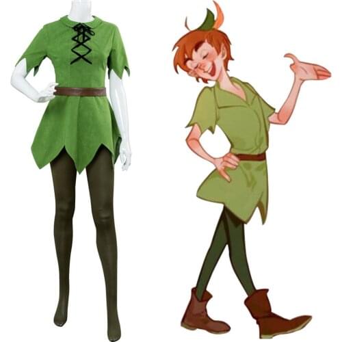 Adult Women Peter Pan Cosplay Costume Green Outfit Green Top Pants Hat Belt Halloween Carnival Costume