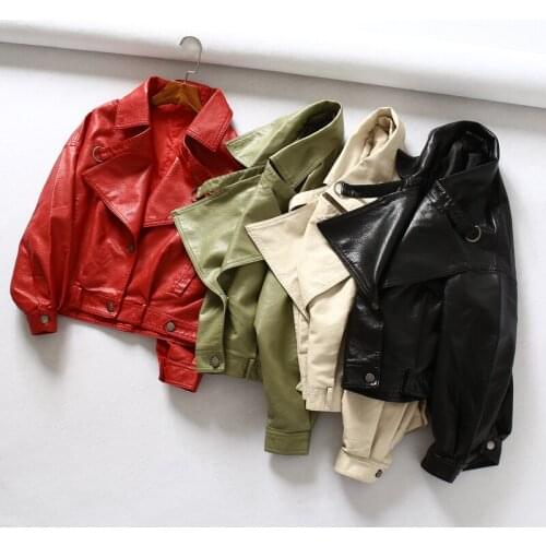 PU Leather Coat 2020 Women Faux Leather Jacket Female Biker Loose Coats Outwear Red Green Short Motorcycle Jackets