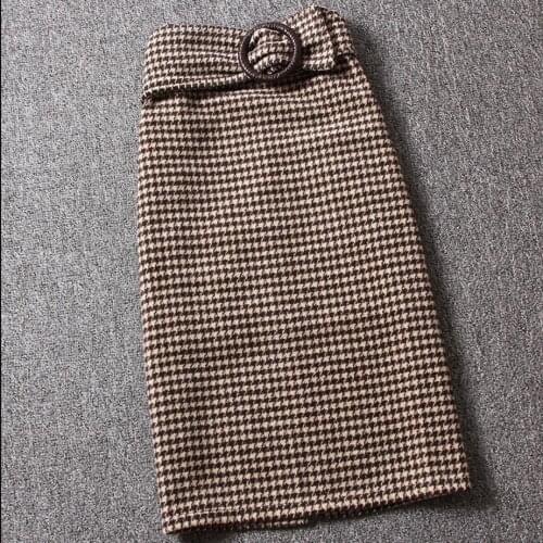 Women Woolen Skirts High Waist Houndstooth Wool Pencil Skirt Work OL Skirts