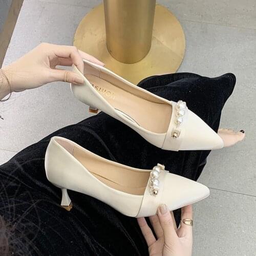 Retro womens shoes spring 2021 new shallow mouth pointed toe single shoes fashionable all-match pearl stiletto high heels