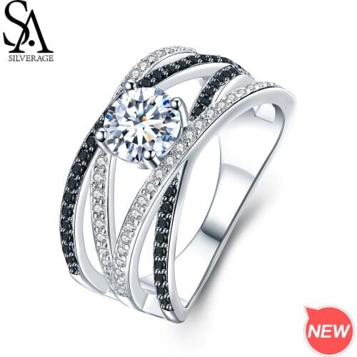 SA SILVERAGE Authentic 925 Sterling Silver White/Black AAA Zircon Wedding Rings for Woman 925 Silver Rings Fine Jewelry New