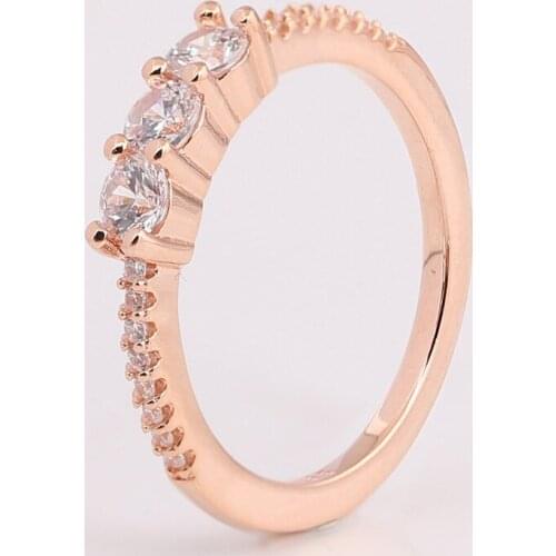 Authentic S925 Rose Three-Stone With Crystal Ring For Women Wedding Party fit Lady Fine Jewelry