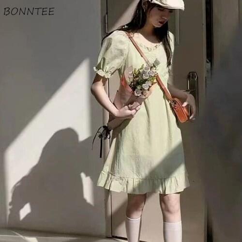 Dresses Women Puff Sleeve Mini New Summer Ladies Clothes Design Korean Style Elegant Students Chic Casual Fashion Daily Retro
