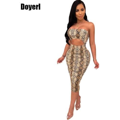 Snake Print Off Shoulder Summer Sexy Women Dress Sleeveless Strapless Bodycon Bandage Dress Midi Elegant Night Club Party Dress
