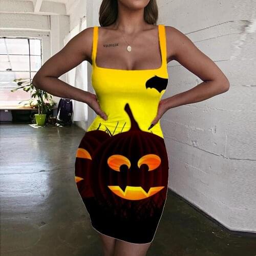 KYKU Halloween Dresses Women Pumpkin Bodycon Dress Animal Halter Sleeveless Party Sundress Womens Clothing Party New Boho