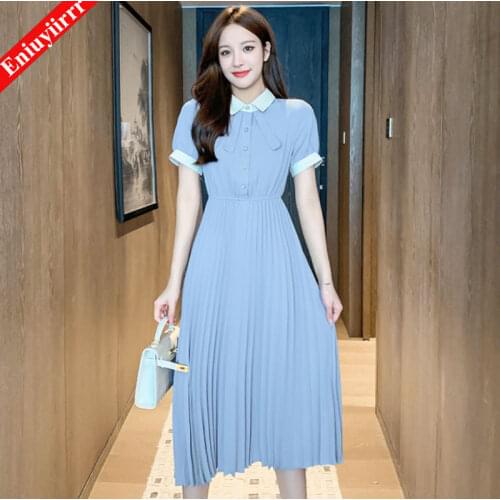 Women party dress Elegant Lady female pleated office dress Solid female blue midi summer dresses
