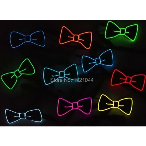 10pieces High-grade EL Wire Glowing Bow Tie Neon Cold Light Bow Tie Wedding Party Decorative Props Powered by 2-AAA Batteries