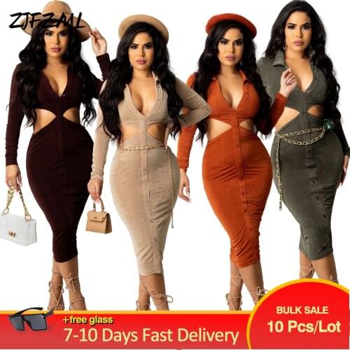 Bulk Items Wholesale Lots Womens Mid Calf Bandage Dress Sexy Single Breasted Fitness Dresses Early Autumn Hollow Velvet Robe