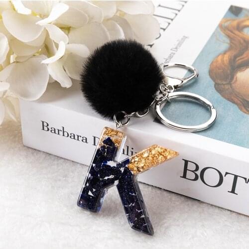 1Pc Black Pompom Letter Keychain English Alphabet Keyring Glitter Gradient Resin Car Mirror Accessory Women Handbag Charms