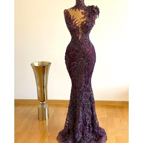 Long Purple Mermaid Prom Dresses High Neck Lace Appliqued Beaded Crystal Luxury African Women Formal Evening Gowns