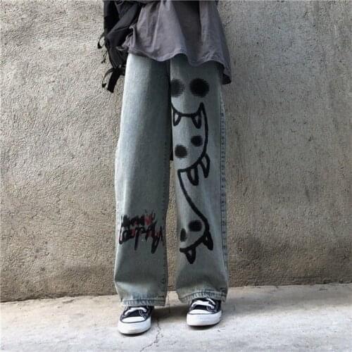 Dark ghost printed jeans mens and womens loose lovers' casual straight wide leg pants