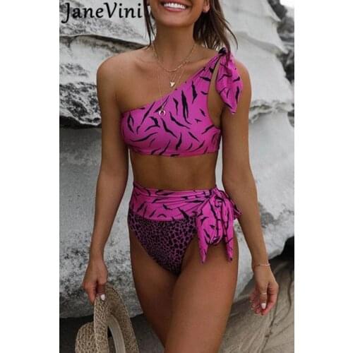 JaneVini Leopard Bathing Suits Woman 2020 Two Piece One Shoulder Bow Swimsuit High Waist Girl Beachwear Swimwear Bikini Set Top
