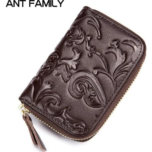 Fashion Flower Genuine Leather Women Card Holder Wallets Small Female Zipper Mini Credit Card Holders Women Purse ID Holder Bags