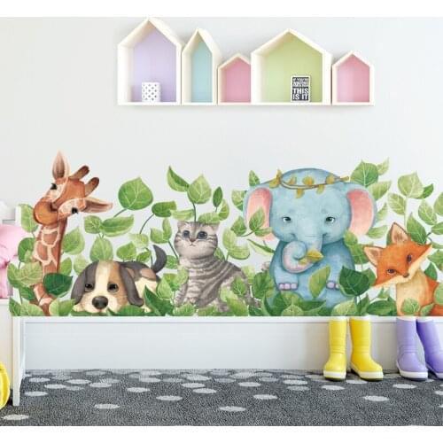 Cartoon Elephant Cat Dog Fox Giraffe Wallpaper Cute Animal With Green Leaf Wall Sticker Childrens Room Decoration Wall Decal