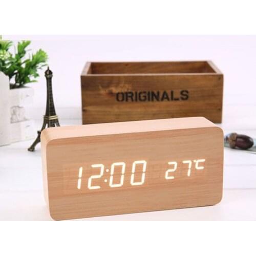 Wood Table Watch Digital Desktop Desk Clock Vintage Alarm USB/AAA Power Snooze Electronic Voice Control LED Clocks Bedside Bed