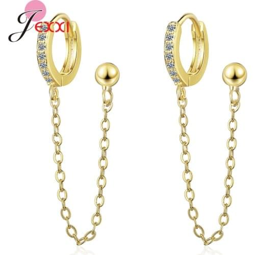 New Pure 925 Sterling Silver Double Hoop Earrings Chain Small Round Circle Hoop Tassel Earring Two Ear Holes Helix Piercing