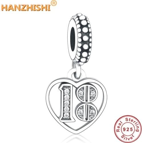 Fit Original Pandora Charm Bracelet 18 Number Pendant 100% 925 Sterling Silver Dangle Bead 18th Anniversary Heart DIY Jewelry