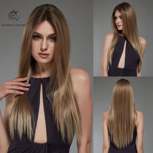 Blonde Unicorn Long Ombre Blonde Straight Lace Front Synthetic Wigs for Women Daliy Hair Natural High Density Heat Resistant